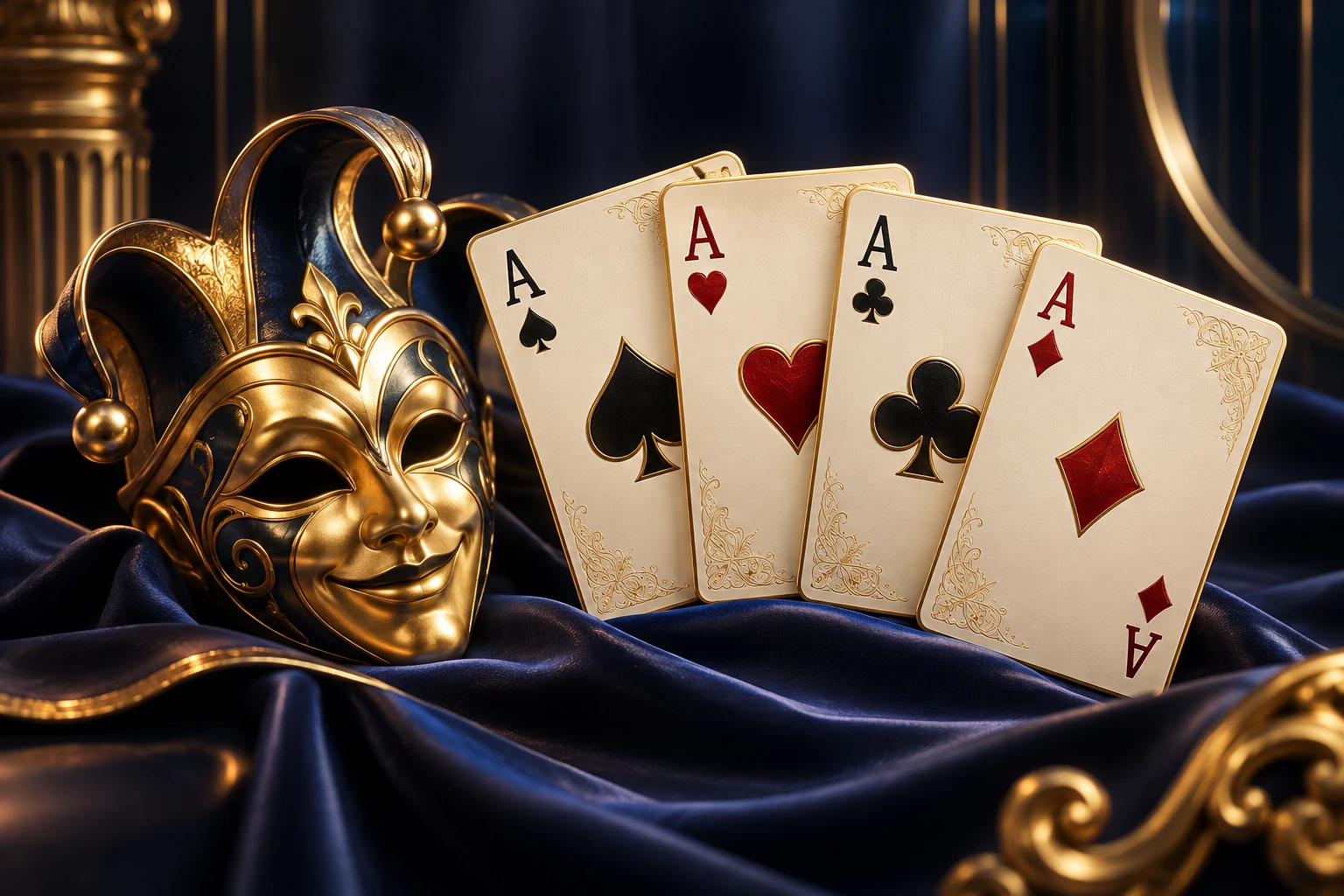 An original golden Joker mask with four ivory Ace cards on midnight-blue velvet
